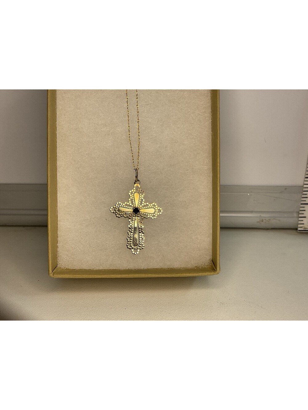 14k Yellow Gold Ornate Filigree Cross Pendant Blue Sapphire Necklace 20”